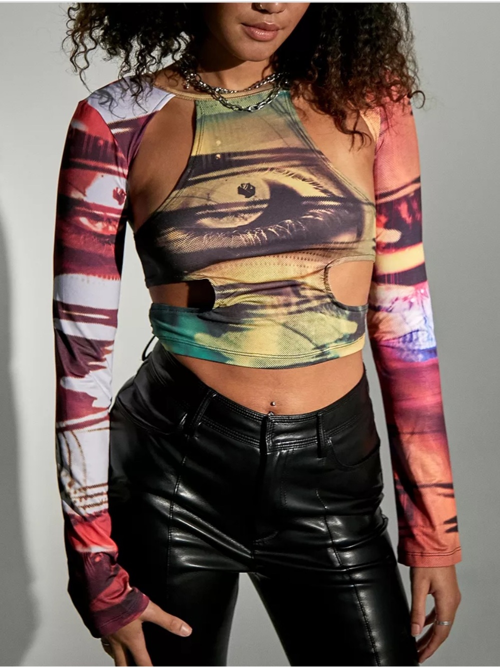 Jaded London Eye Print Cut-Out Jersey Top Multicolor Long Sleeve Cropped-4 US